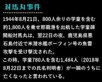 1944年8月21日、800人余りの学童を含む約1,800人を乗せ那覇港を出航した学童疎開船対馬丸は、翌22日の夜、鹿児島県悪石島付近で米潜水艦ボーフィン号の魚雷攻撃を受け撃沈された[2]。このとき、学童780人を含む1,484人（2018年8月22日までの氏名判明者）が一瞬のうちに亡くなったと言われている[